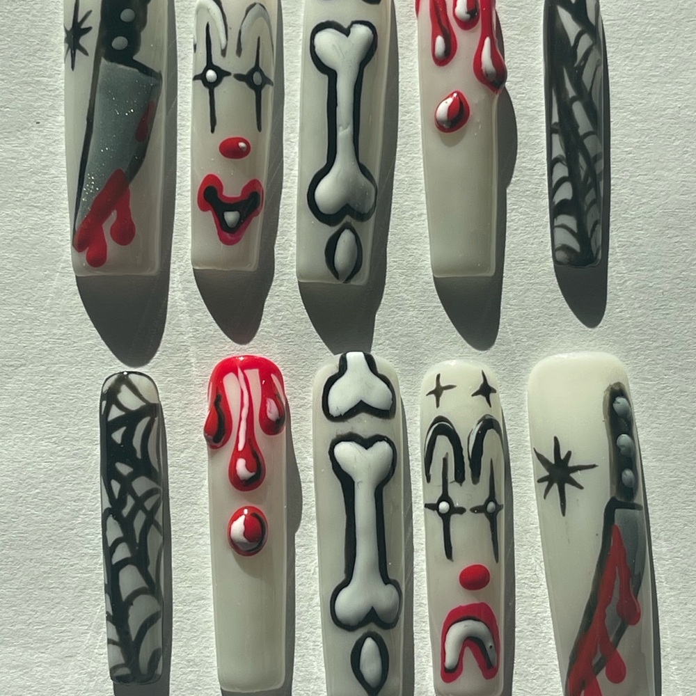 White Red Black Killer Clown Horror Press-on Nails Handmade Press-on Nails - Picture 2 of 9